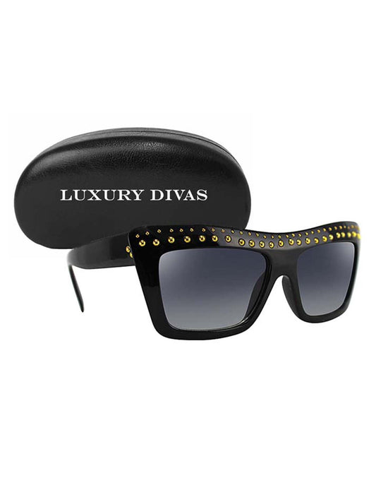 Black Rectangular Gold Studded Sunglasses With Hard Case