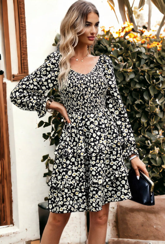 Floral Shirred V Neck Tiered Dress