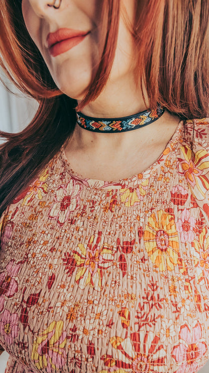 Free Shipping For Embroidery Pattern Vegan Leather Choker Necklace