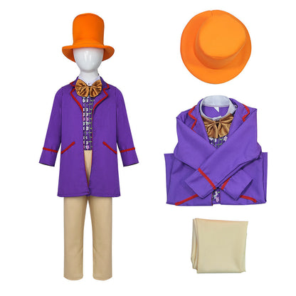 Free Shipping For_onka 2023 Movie Wonka Kids Children Purple Suit Party Carnival Halloween Cosplay Costume