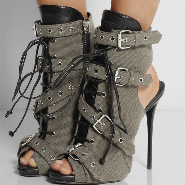 Canvas Hasp Straps Stiletto Heel Peep-toe Ankle Boot High Heel Sandals