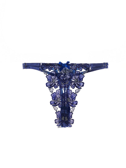 Free Shipping For Blue Floral Embroidered Mesh Sheer Thong