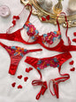 Free Shipping For Red Satin Floral Embroidery Lingerie Set