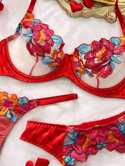 Free Shipping For Red Satin Floral Embroidery Lingerie Set