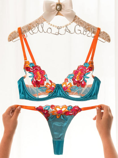 Free Shipping For Blue Satin Vintage Color Clash Lingerie Set