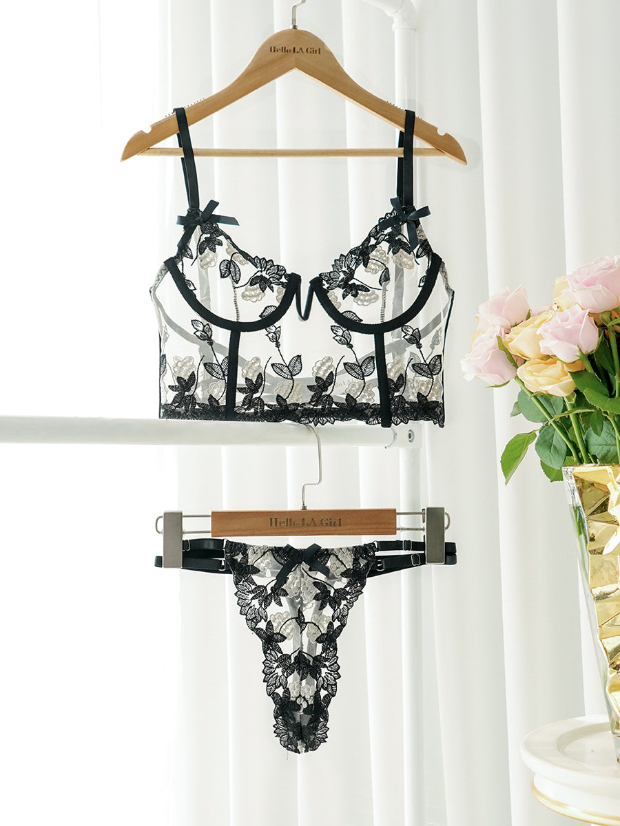 Free Shipping For Black Floral Embroidery Bustier Straps Lingerie Set