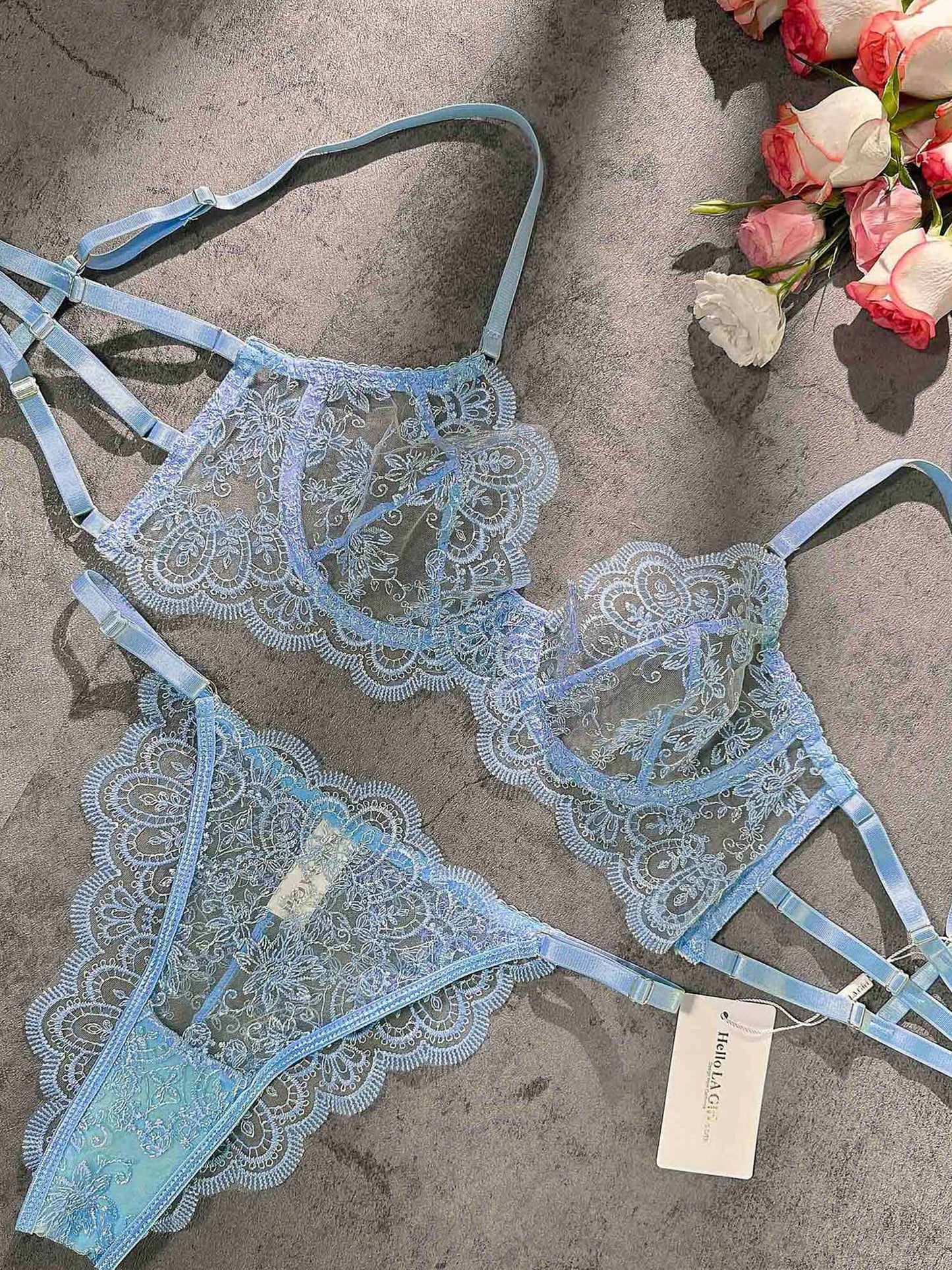 Free Shipping For Blue Exquisite Lace Lingerie Set